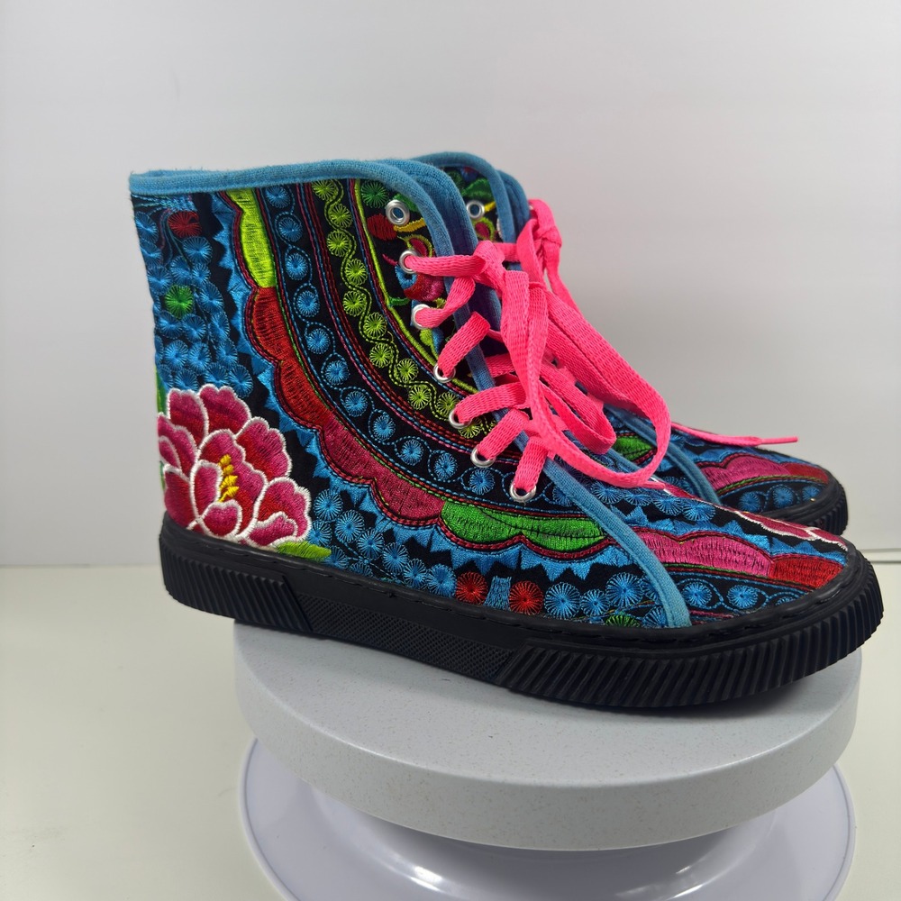 Women's Floral Embroidered High Top Boots Multicolor Lace Up Size 9.5 - Picture 6 of 13